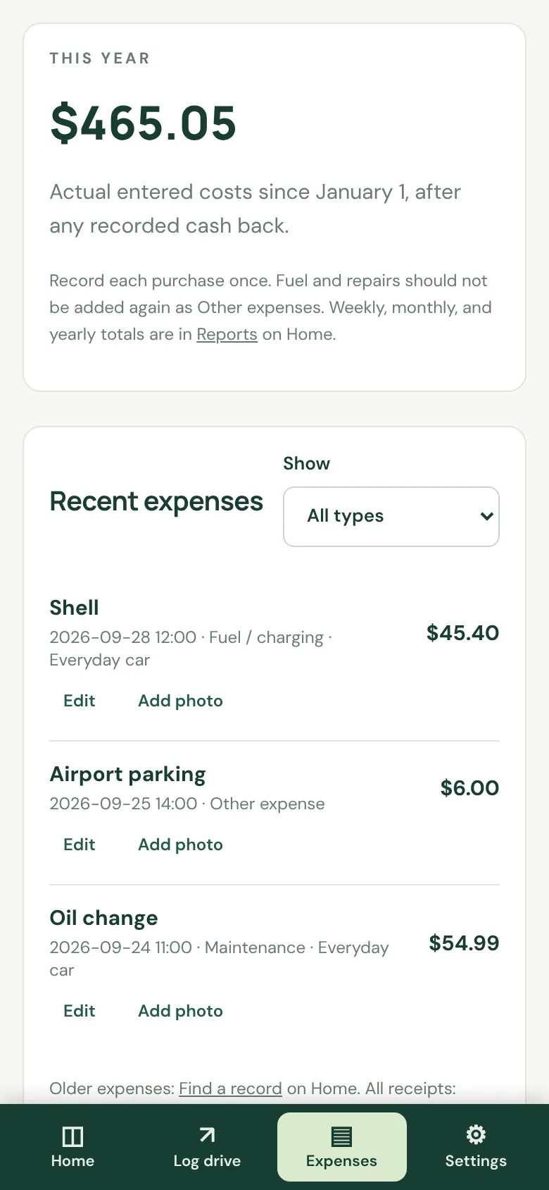 This year’s expense total and recent expenses, each with a spot to add a receipt photo. Sample data.