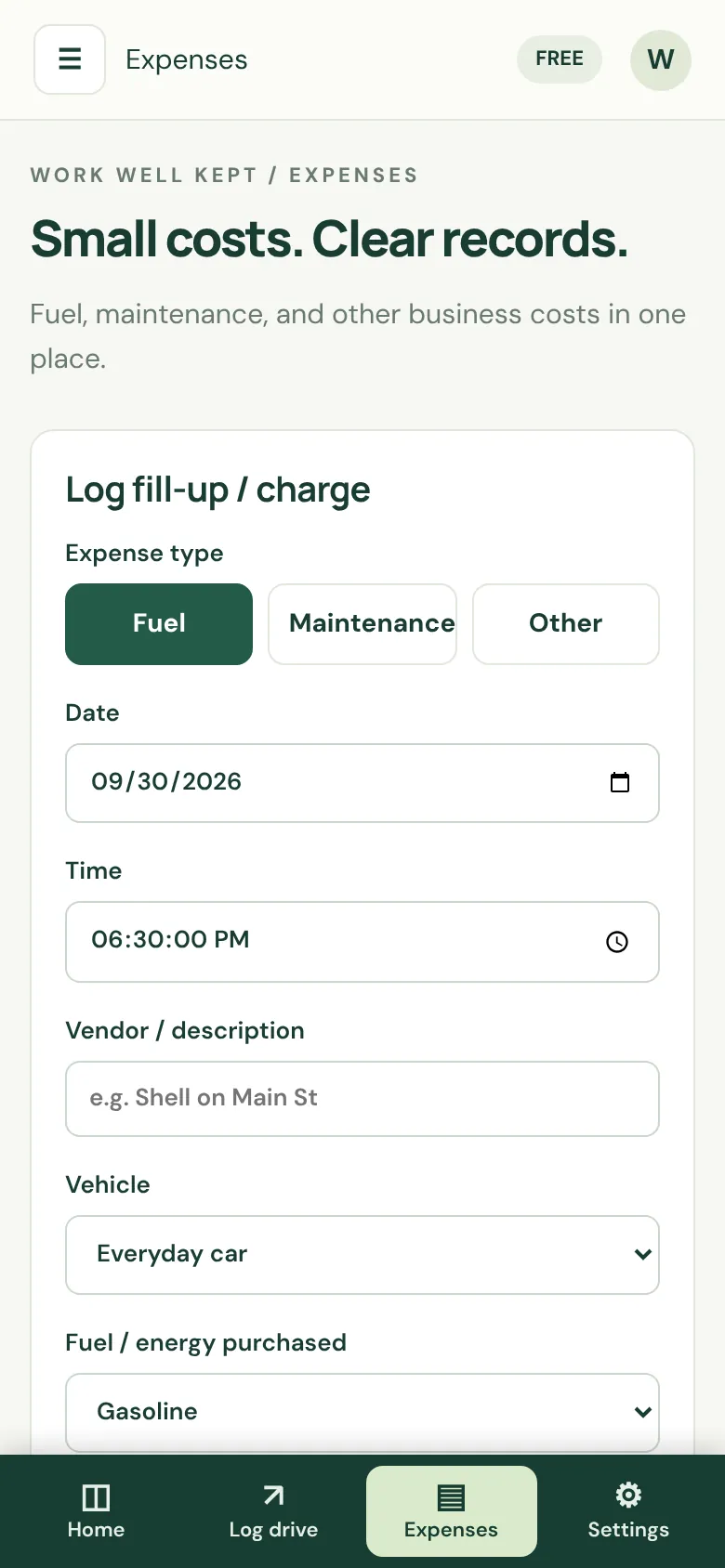 The form for logging a fill-up or charge, with Fuel, Maintenance, and Other expense types. Sample data.