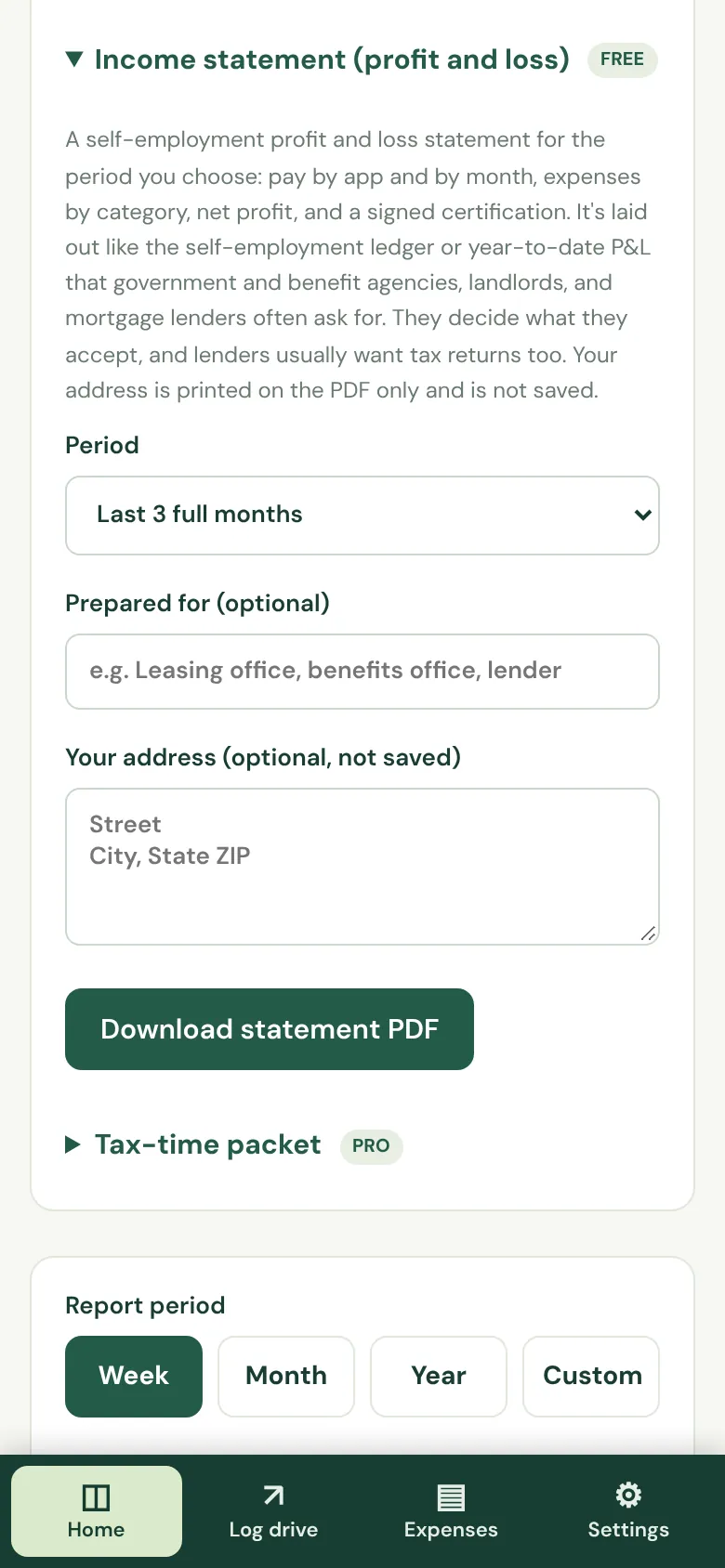 The free income statement (profit and loss) form: choose a period, who it is for, and download the PDF. Sample data.